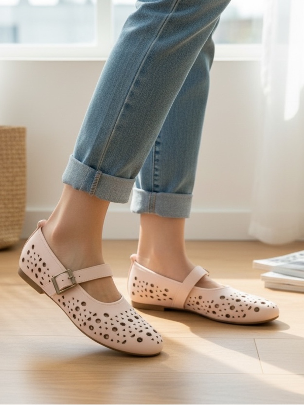 Women's Blush Pink Perforated Mary Jane Flats
